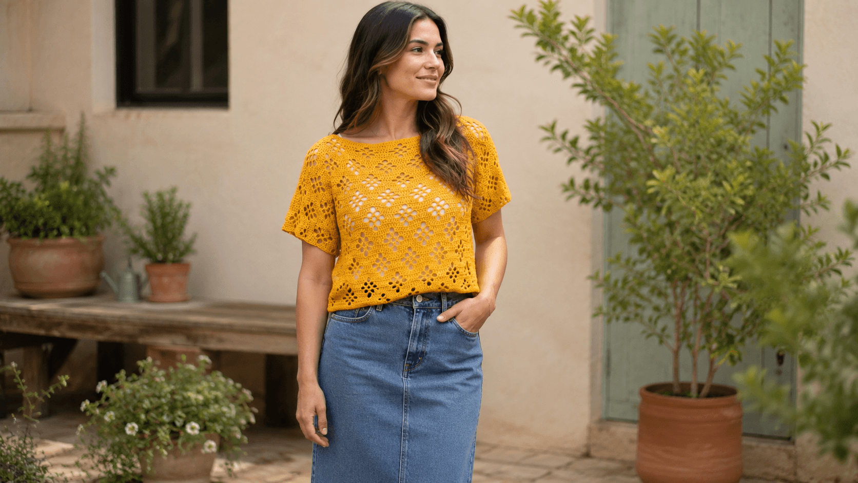 Model wearing a mustard openwork crochet top