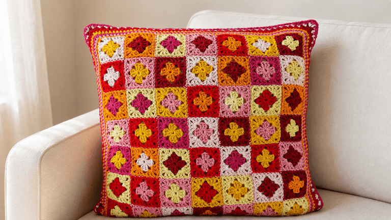 Colorful classic granny square pillow with many squares