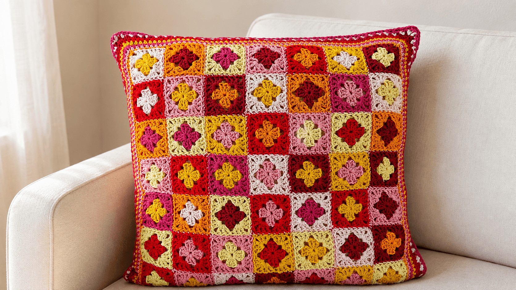 Colorful classic granny square pillow with many squares