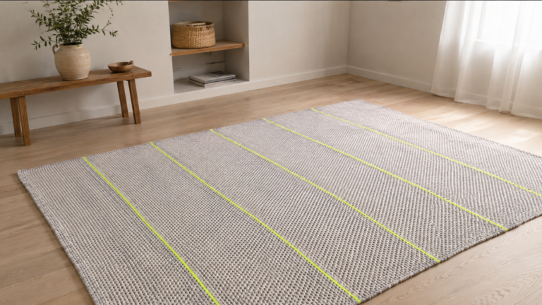 Large gray rectangular crocheted floor rug with thin yellow green stripes