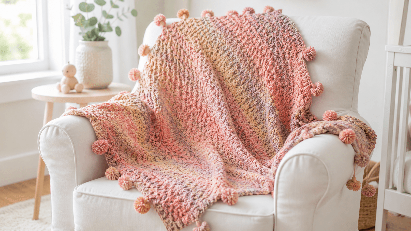Tan, rust, burgundy and mauve marled crochet throw with pom-pom trim