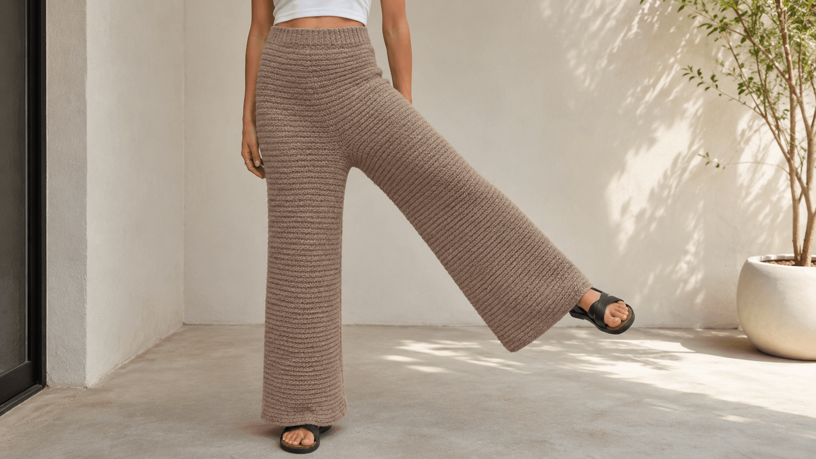 Adult wearing brown handmade crochet wide-leg lounge pants