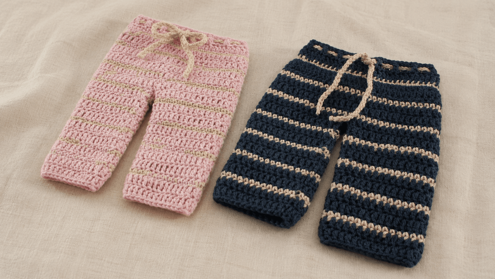 Pink and navy handmade crochet lounge pants with drawstrings