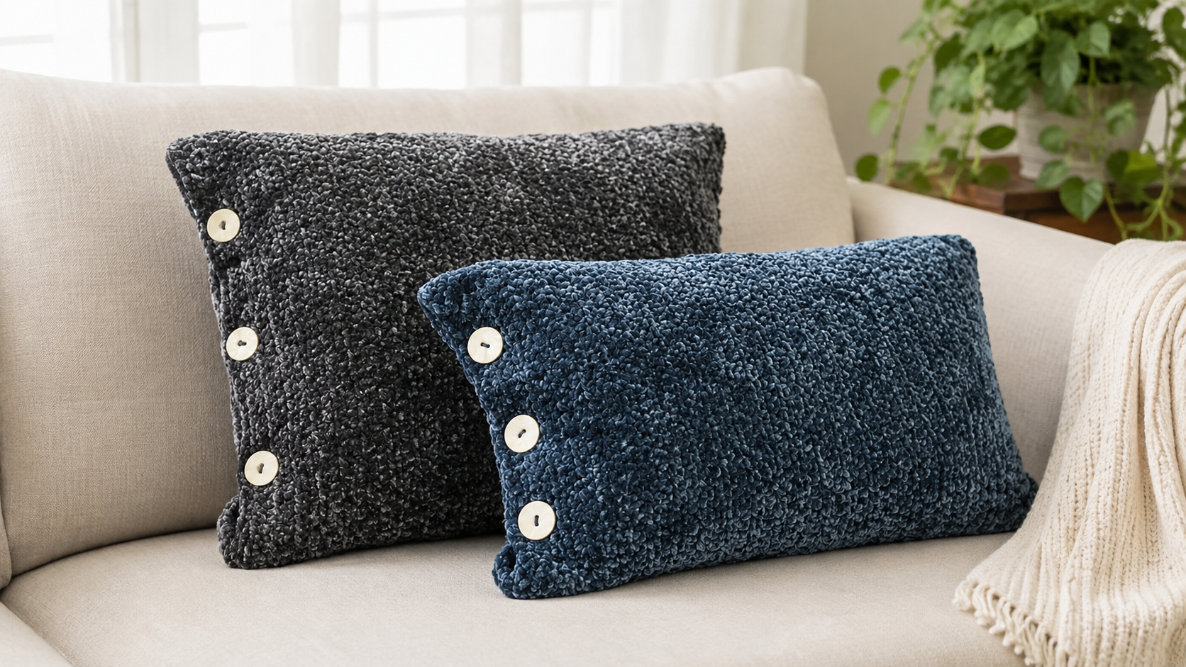 Dark buttoned textured crochet throw pillows