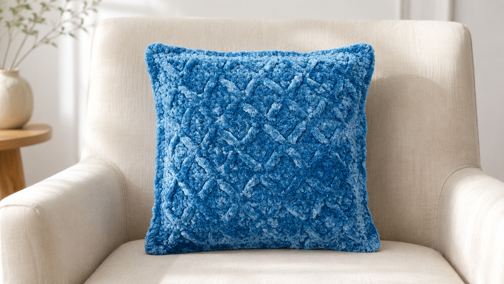 Blue textured square crochet pillow