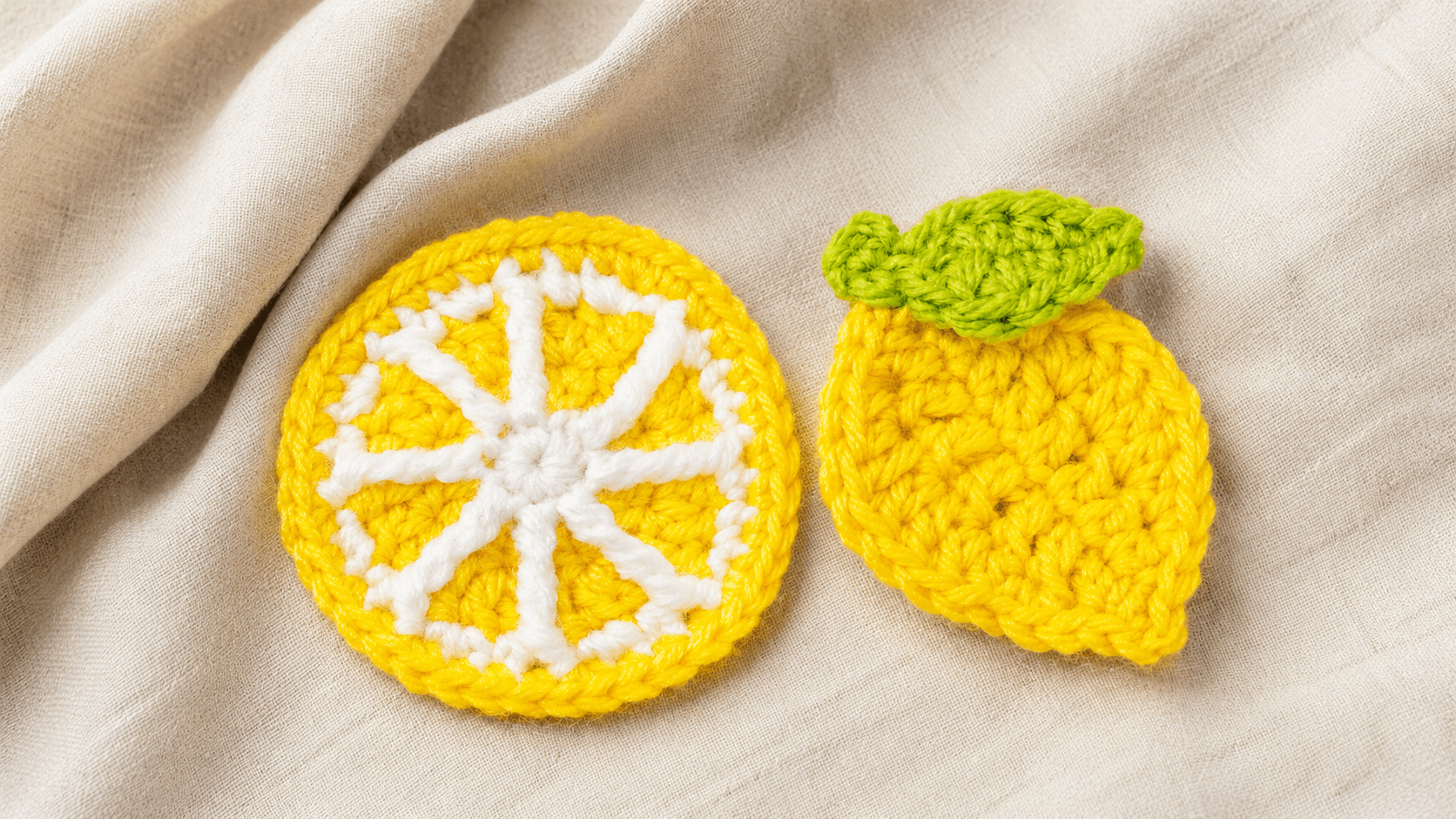Yellow crochet lemon slice coaster and lemon applique
