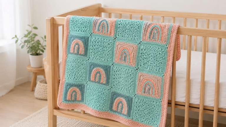 Crocheted baby blanket of joined square panels with rainbow motifs over a crib rail