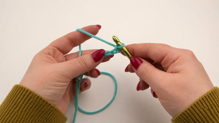 Hands holding a crochet hook and a turquoise crochet starting chain