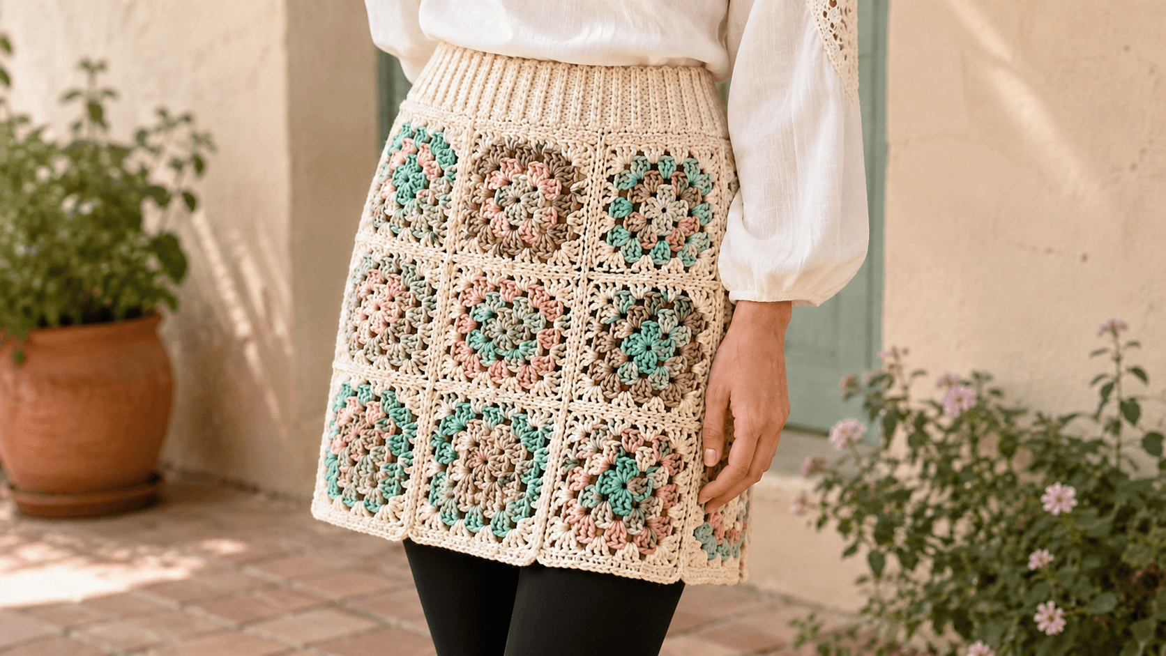 Close-up of a cream crochet granny square skirt with pink mint and brown squares