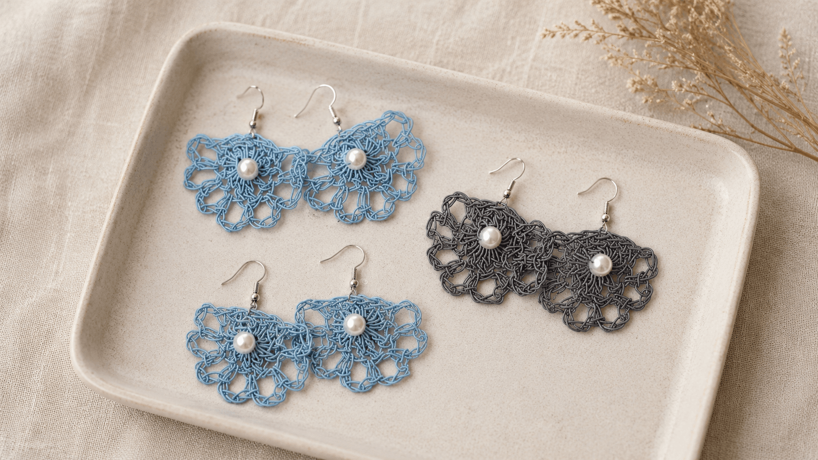 Blue and gray crochet flower earrings
