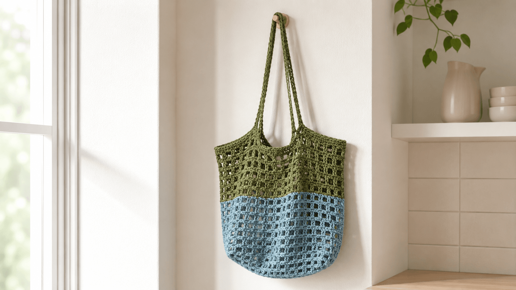 Crochet market bag with two rectangular mesh panels