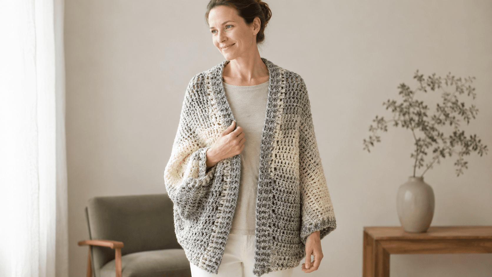 Cream and grey solid chunky crochet cardigan shrug