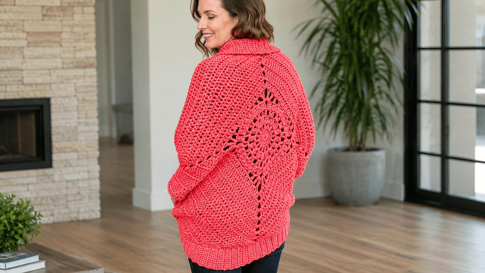 Coral and pink crochet medallion lace cardigan