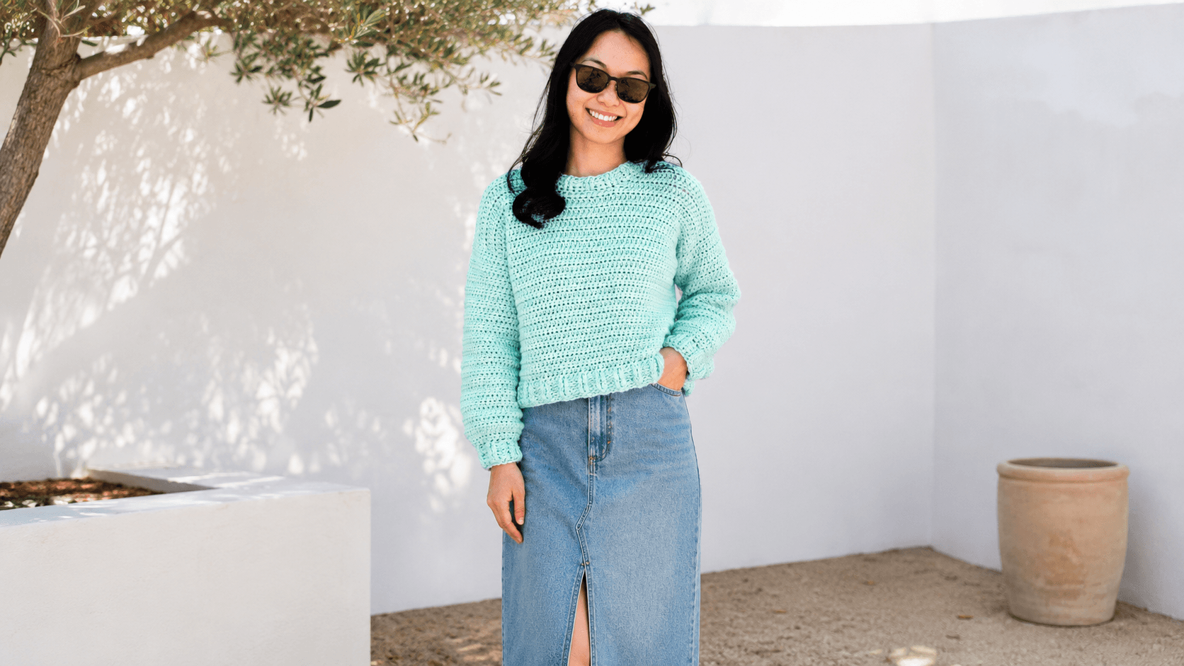 Solid mint green crochet cropped sweater with balloon sleeves