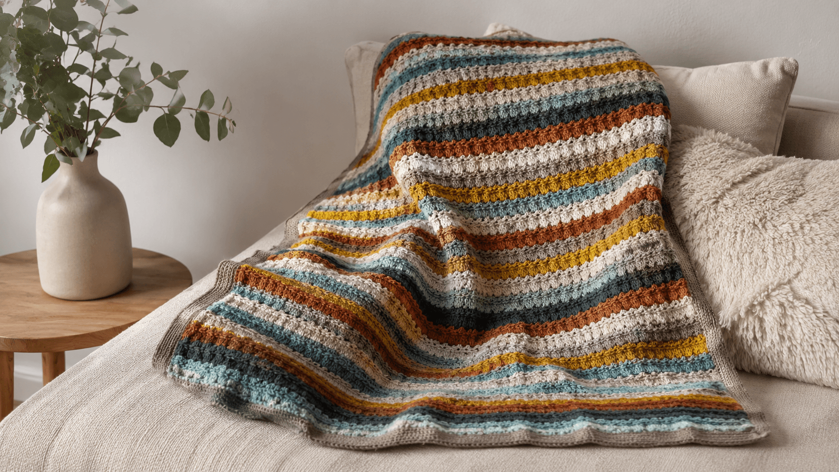 Multicolor striped crochet throw blanket in mustard, teal, rust, gray and cream