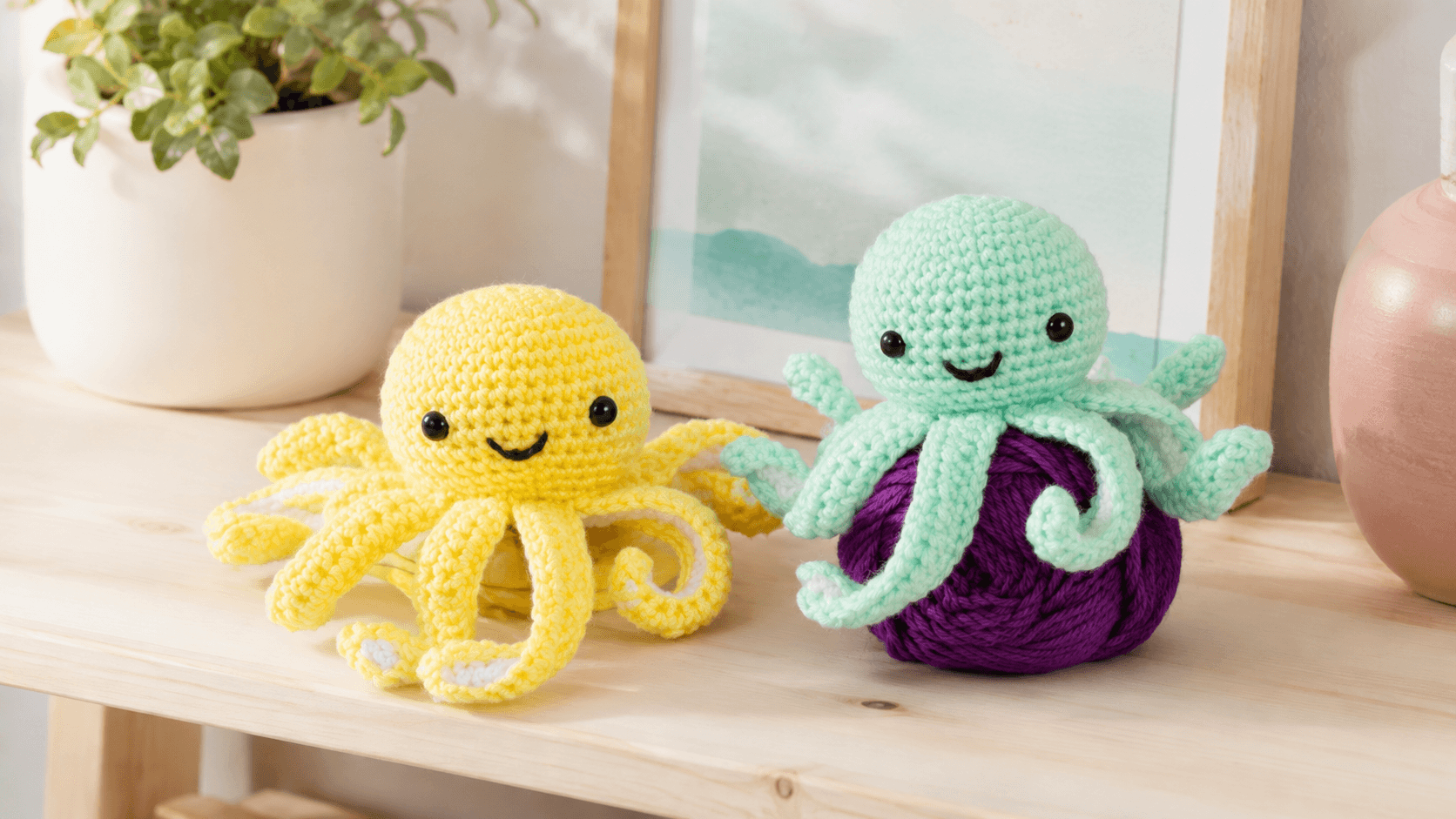 Bright yellow smiling crochet amigurumi octopus held in hand, pink background