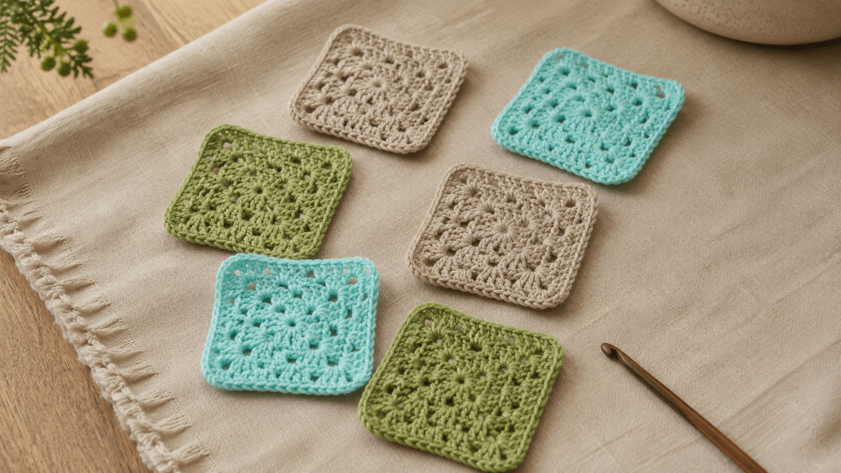 Loose unassembled green teal and tan granny square coaster motifs with yarn skeins