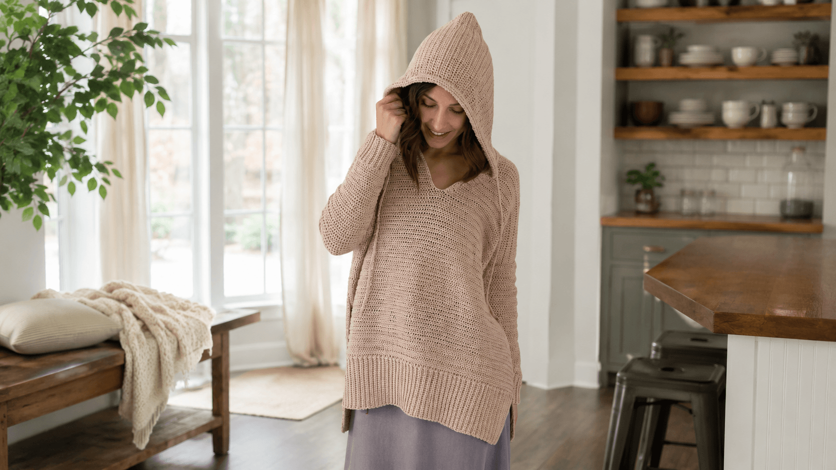 Solid oatmeal tan crochet hoodie