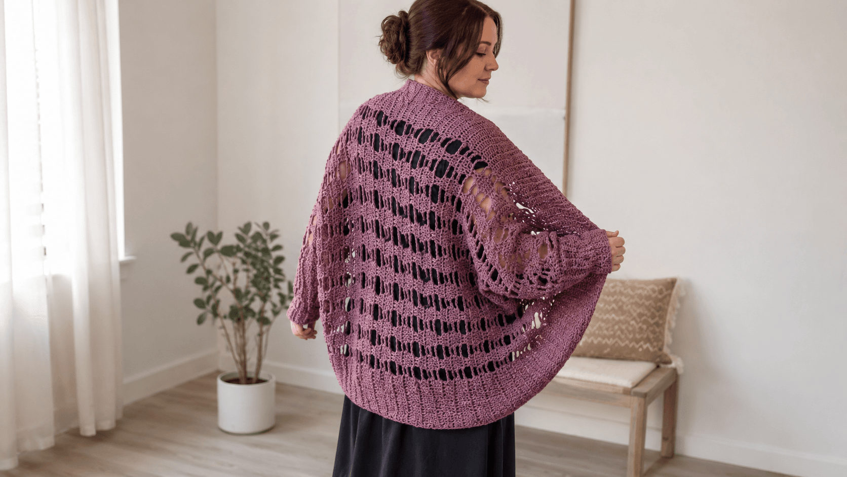Mauve dusty rose lacy crochet batwing shrug, worn
