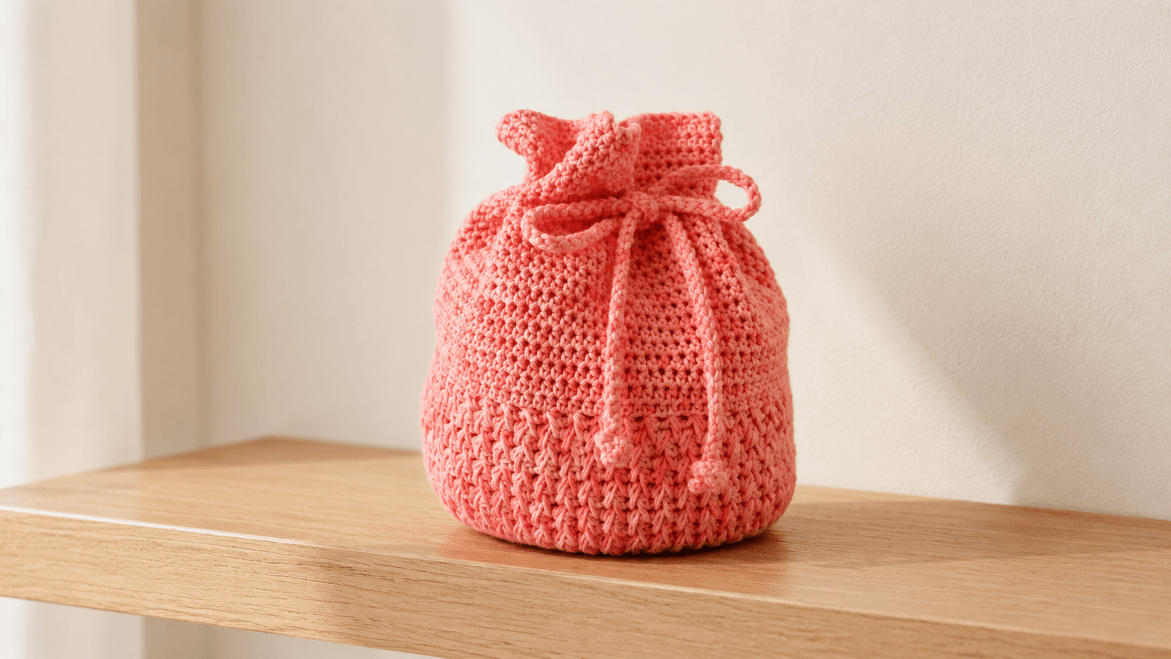 Solid coral pink crochet drawstring bag
