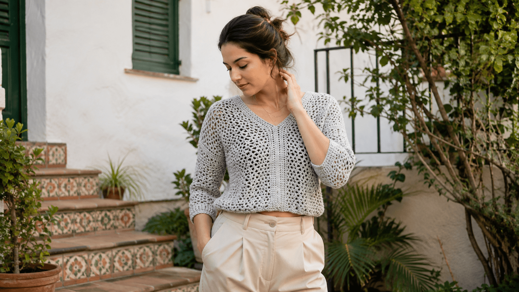 Shimmery silver metallic lightweight crochet cropped sweater