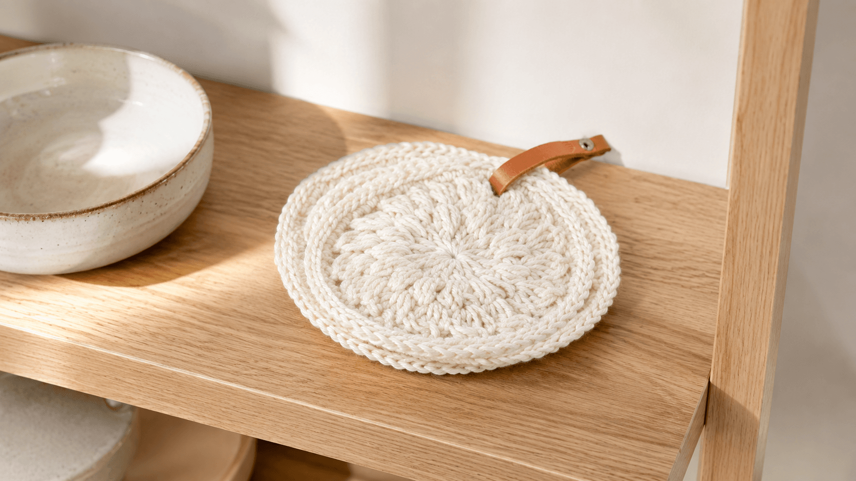 Dusty blue pink and cream floral sunburst round crochet coaster