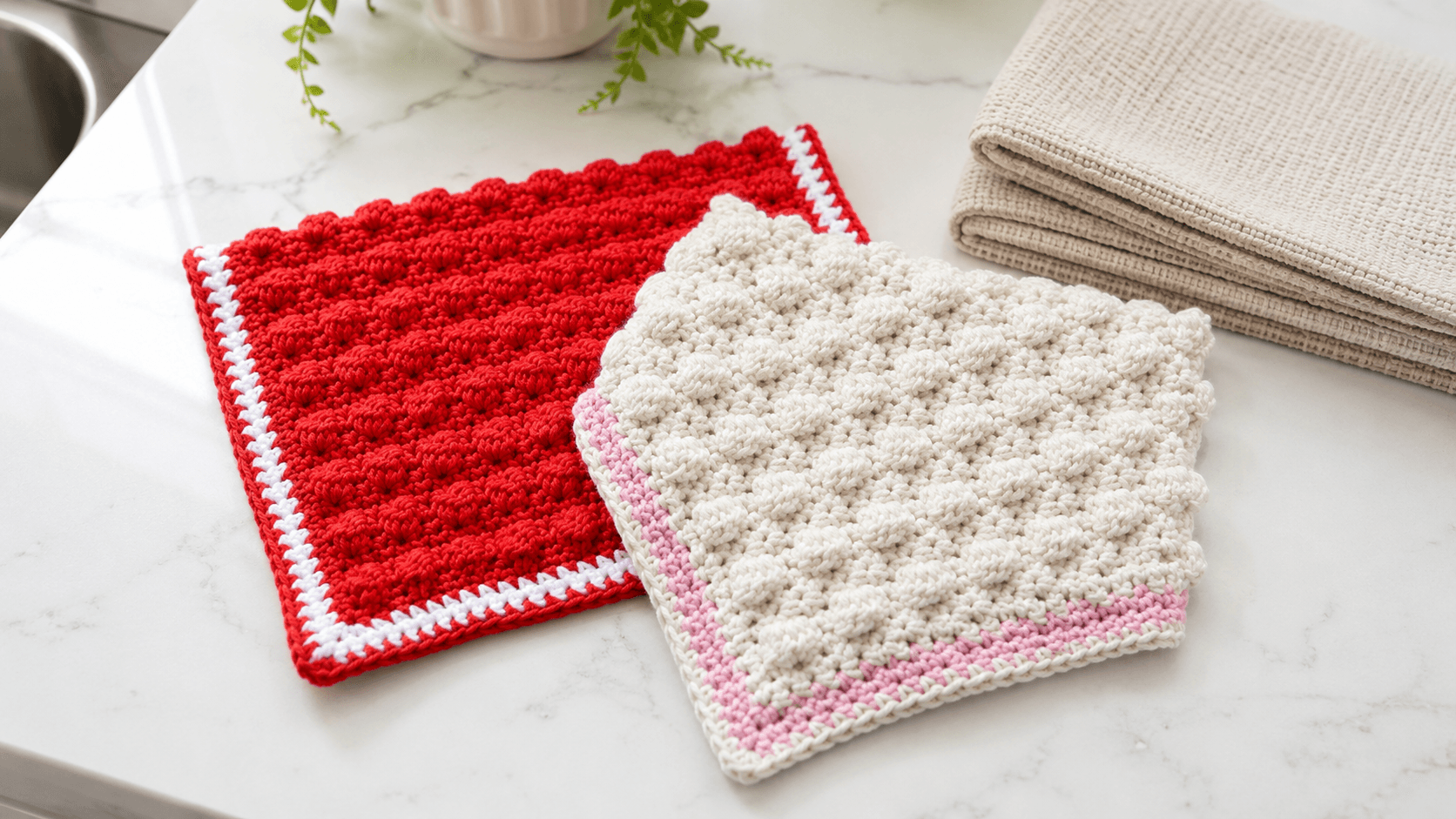 White and pink bobble textured crochet dishcloths