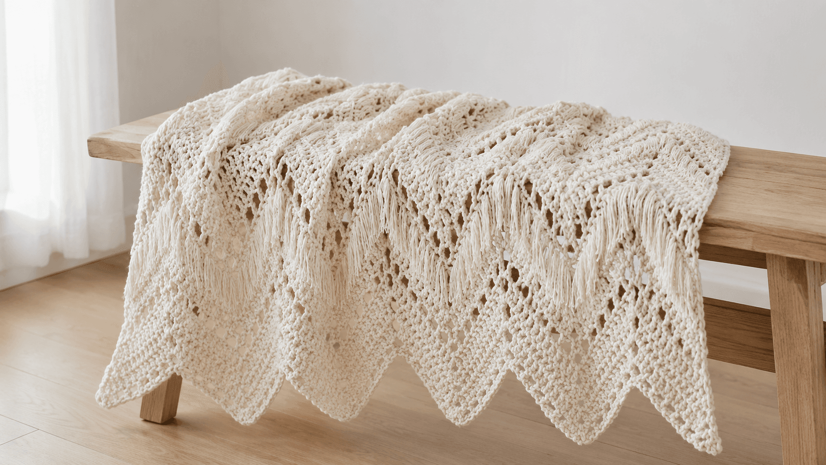 Cream and white chevron zigzag crochet throw with hanging fringe