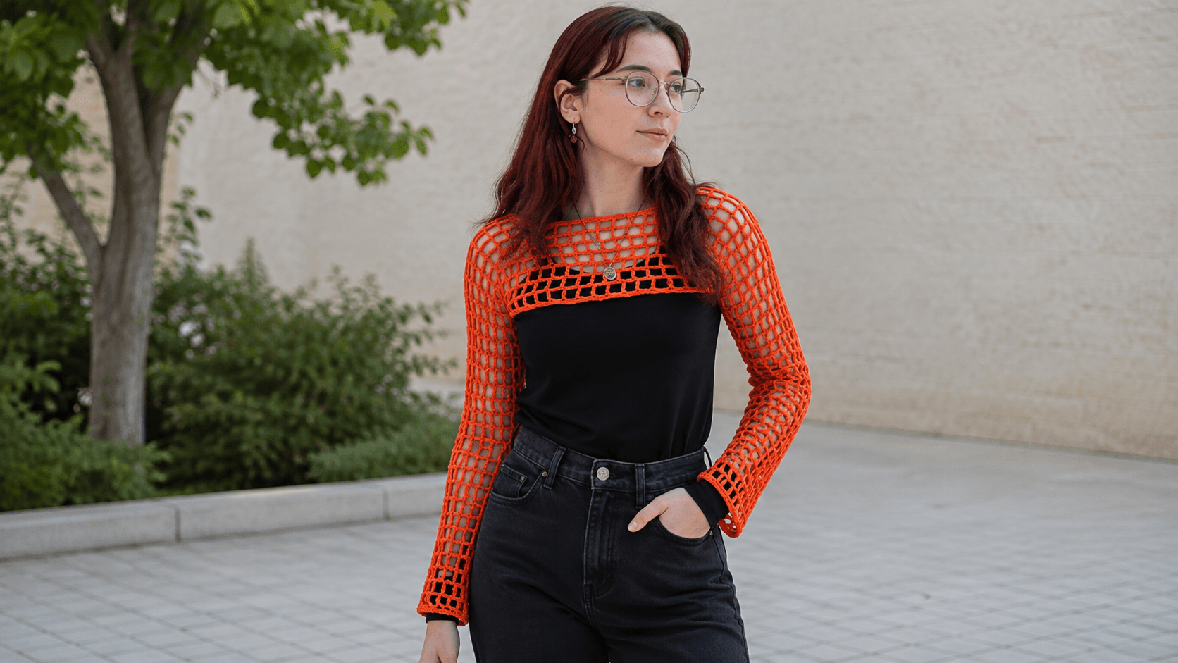 Crochet mesh top with sleeves