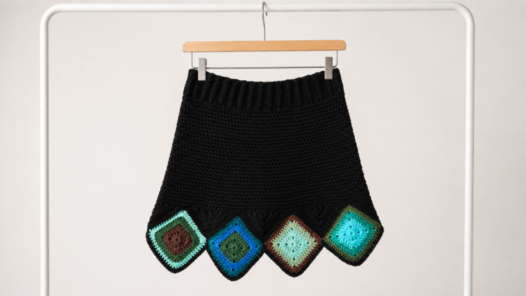 Black crocheted skirt with four colored granny square motifs at the hem