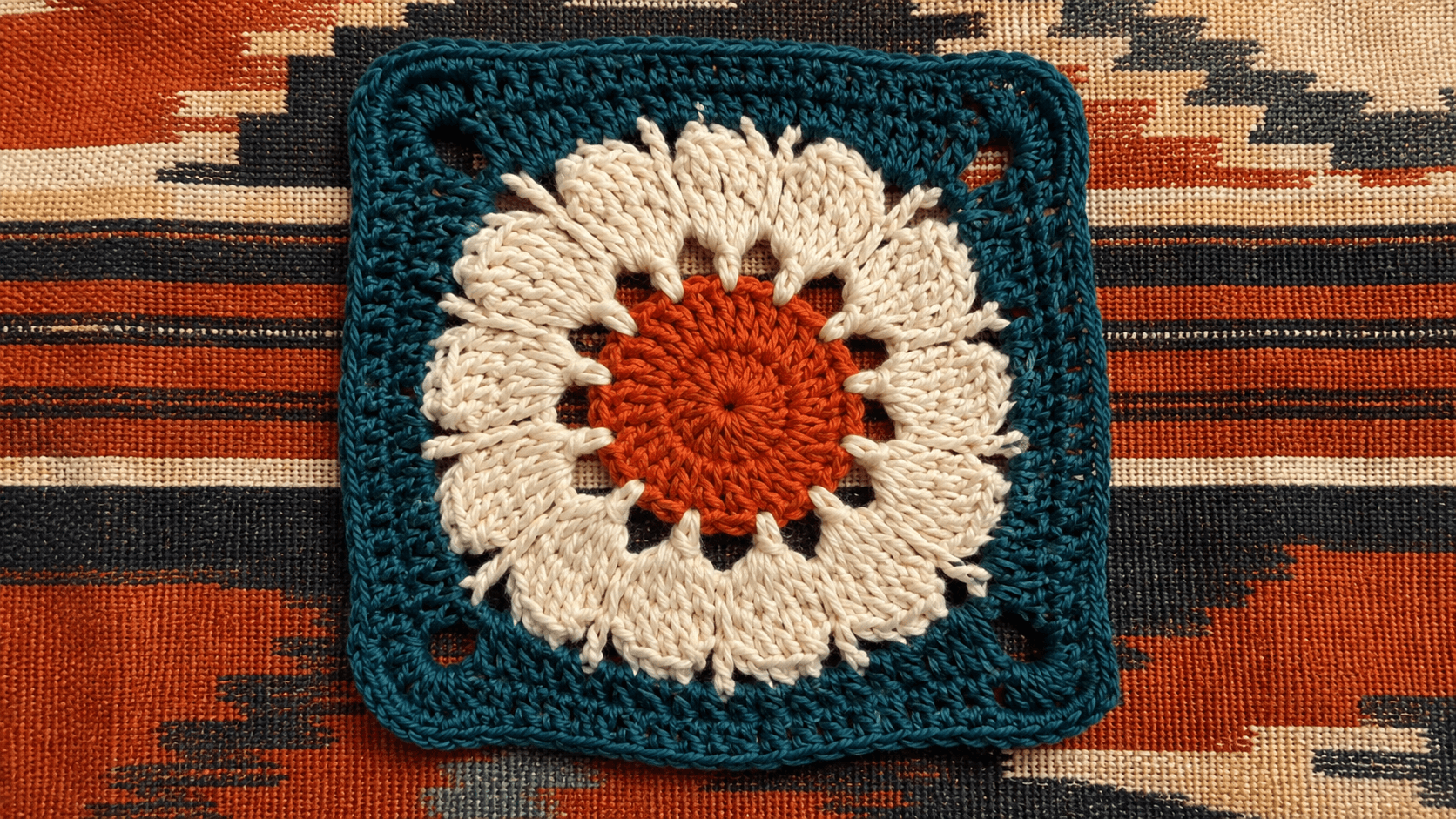 Africa Flower Granny Square - hero shot: A finished round-to-square crochet motif with a dense solid-color center