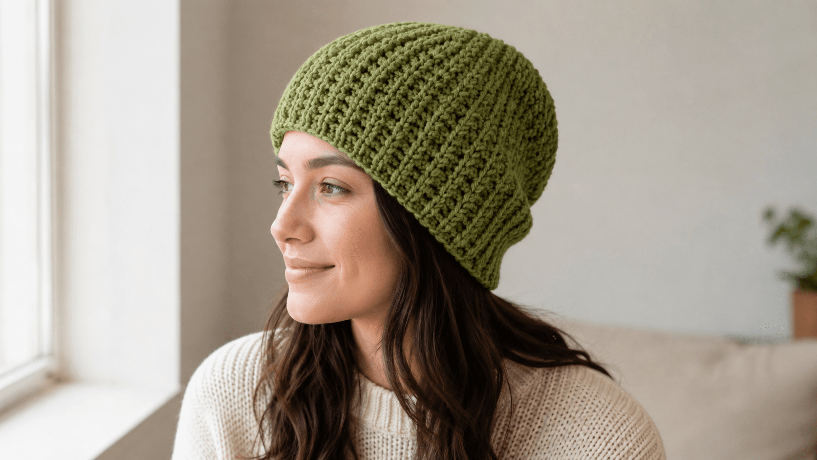 Green ribbed crochet alpine stitch hat worn by a woman