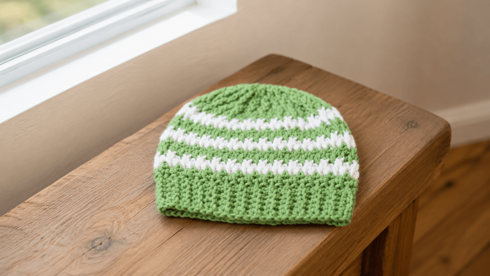 Green and white striped crochet alpine beanie on a wood surface