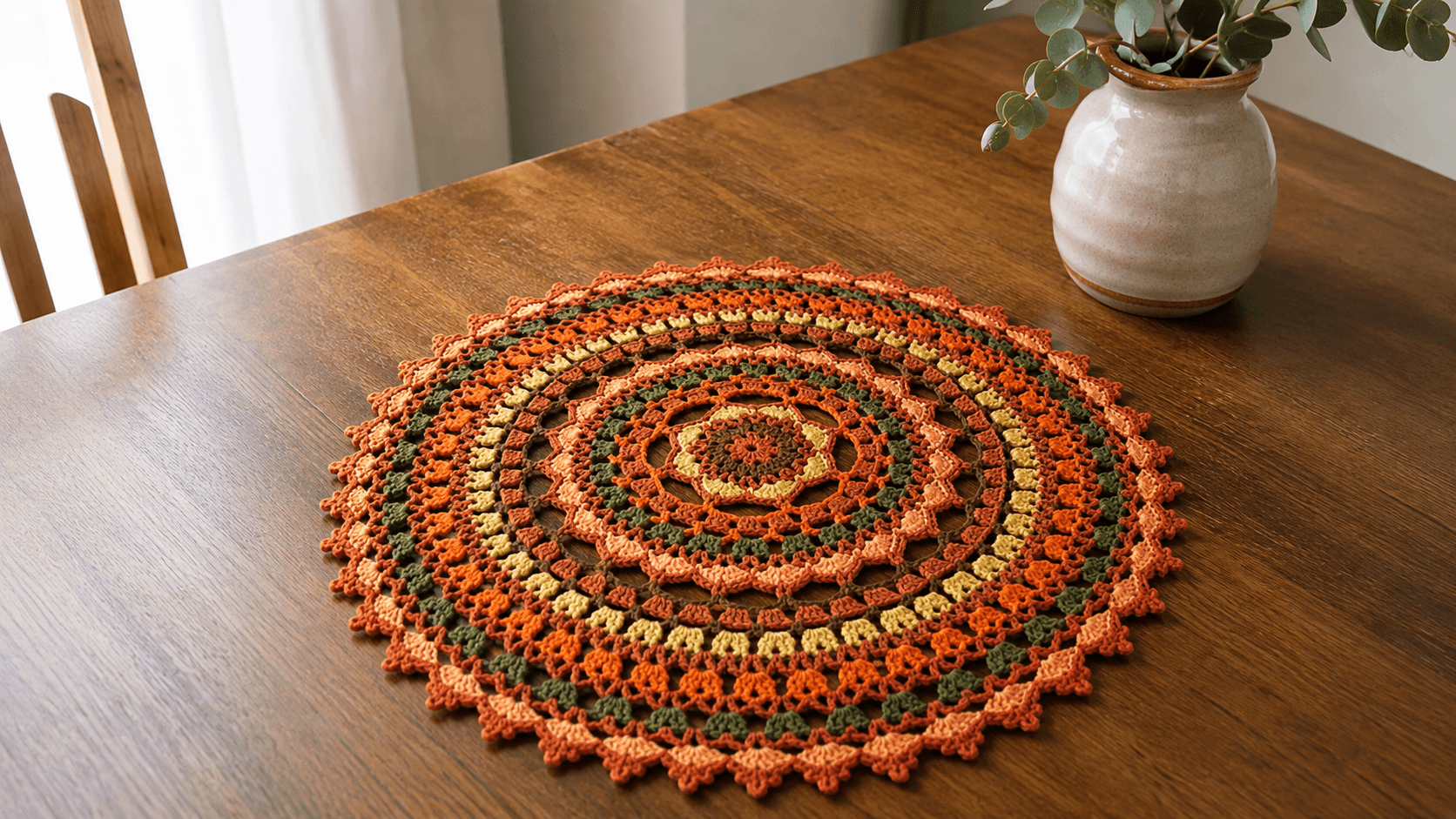 Rust, orange, olive, and mustard crochet mandala doily on a wood table