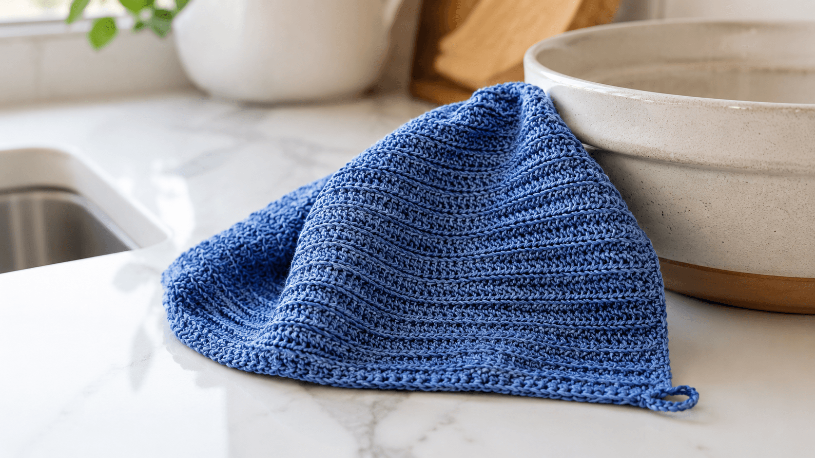 Blue textured crochet dish towel beside a sink