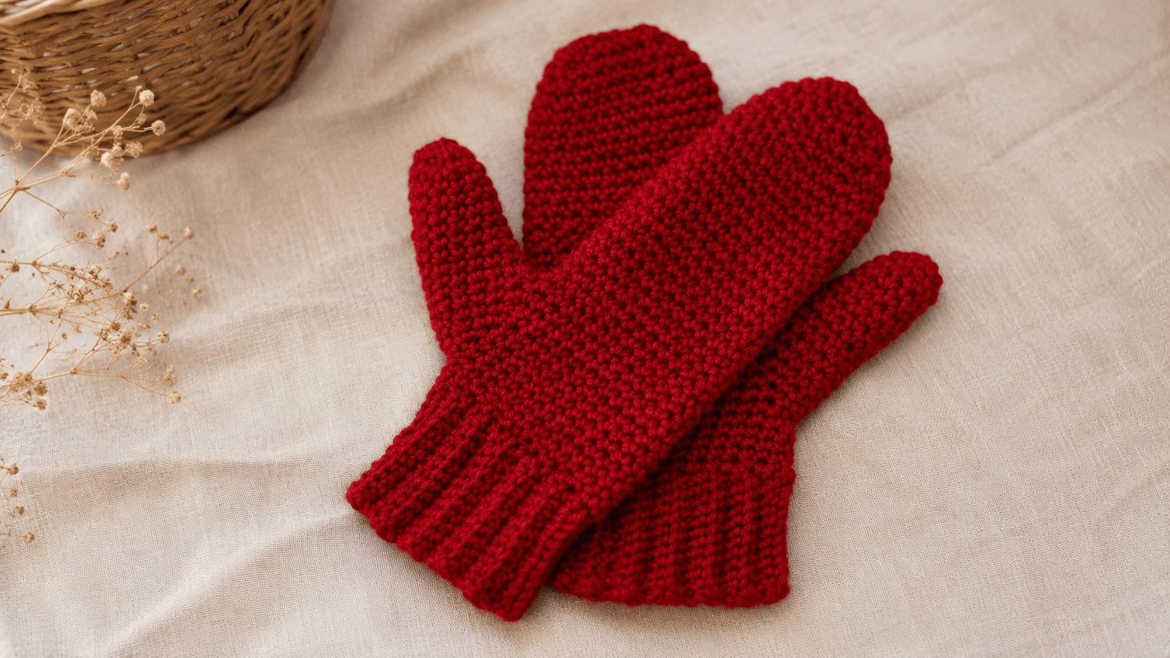Red crochet mittens flat lay