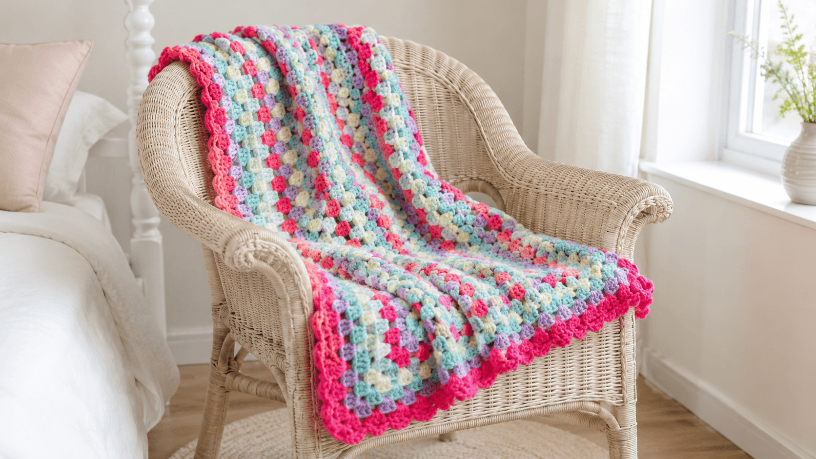 Off-white and pastel granny square crochet blanket with shell border
