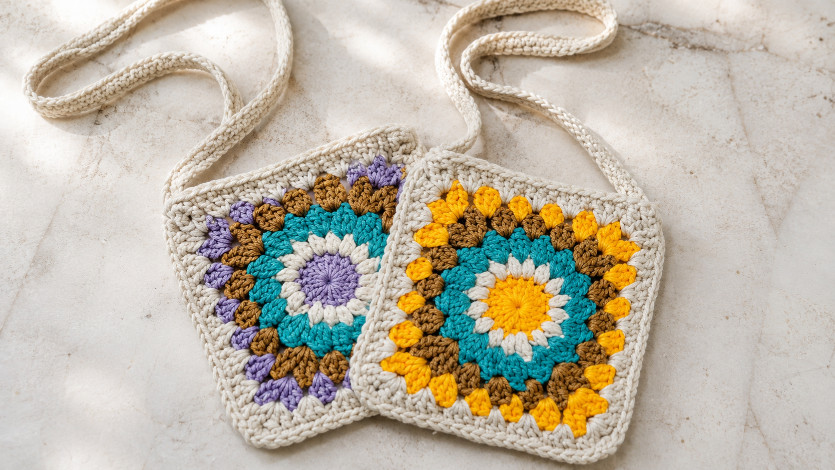 Purple, teal, and yellow starburst granny square crossbody crochet bags