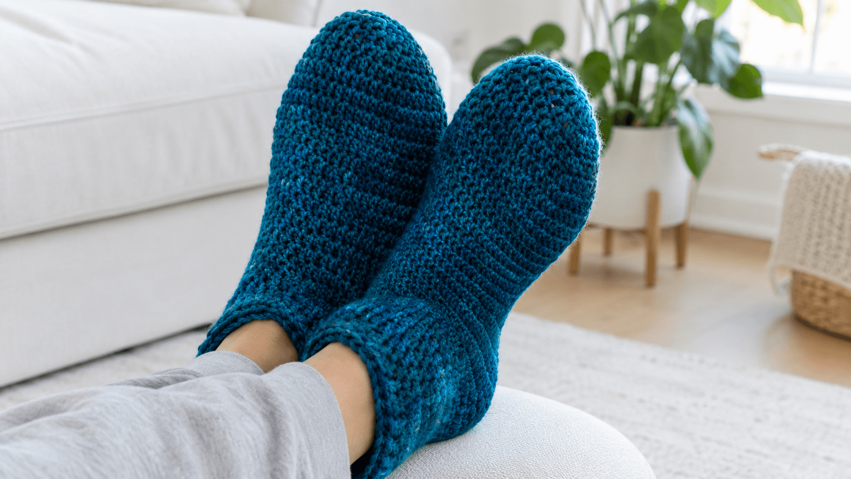 Blue chunky crochet slipper socks