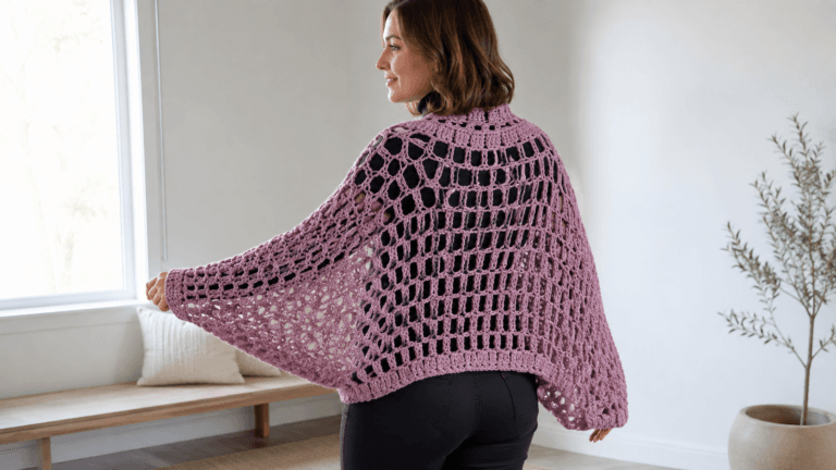 Woman wearing a mauve openwork crochet shrug, viewed from behind