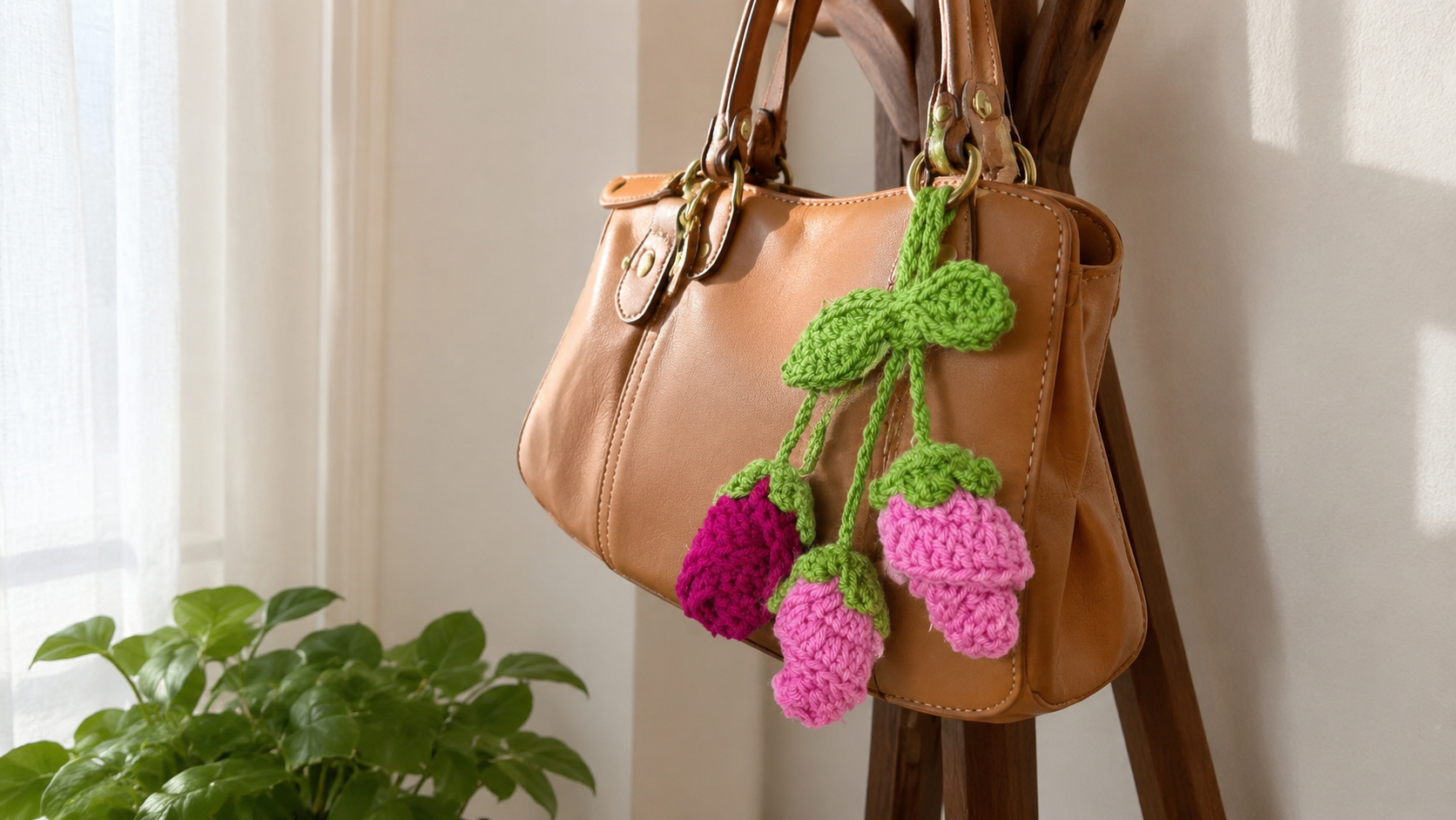 Crochet flower and berry hanging bag charm