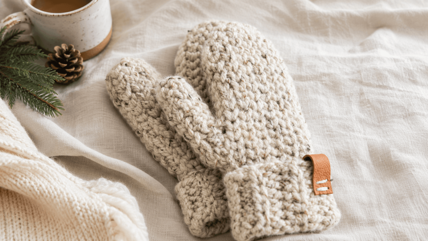Cream chunky crochet mittens with a leather tag