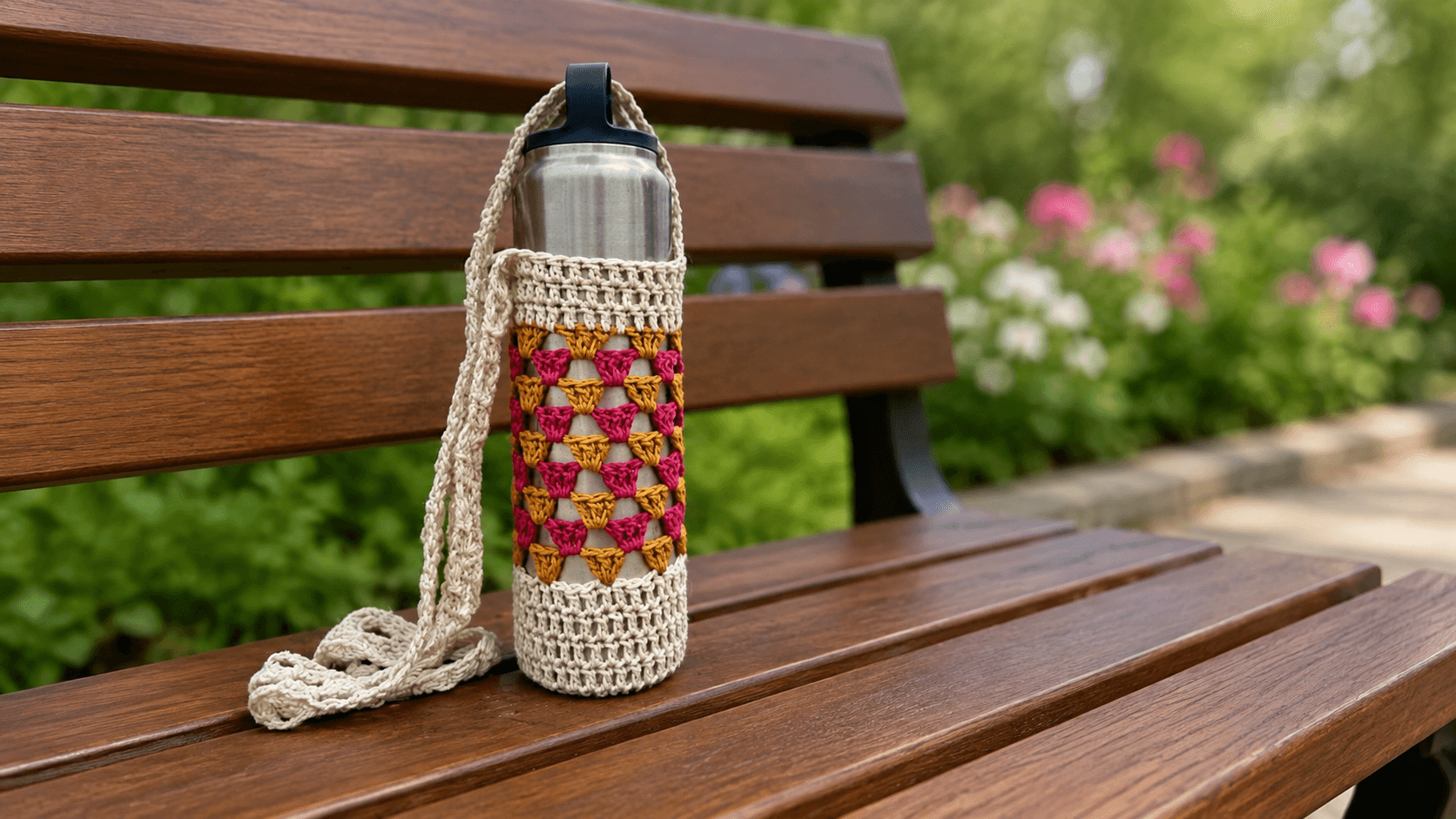 Tan, pink, and cream ombre crochet water bottle holder with a handle