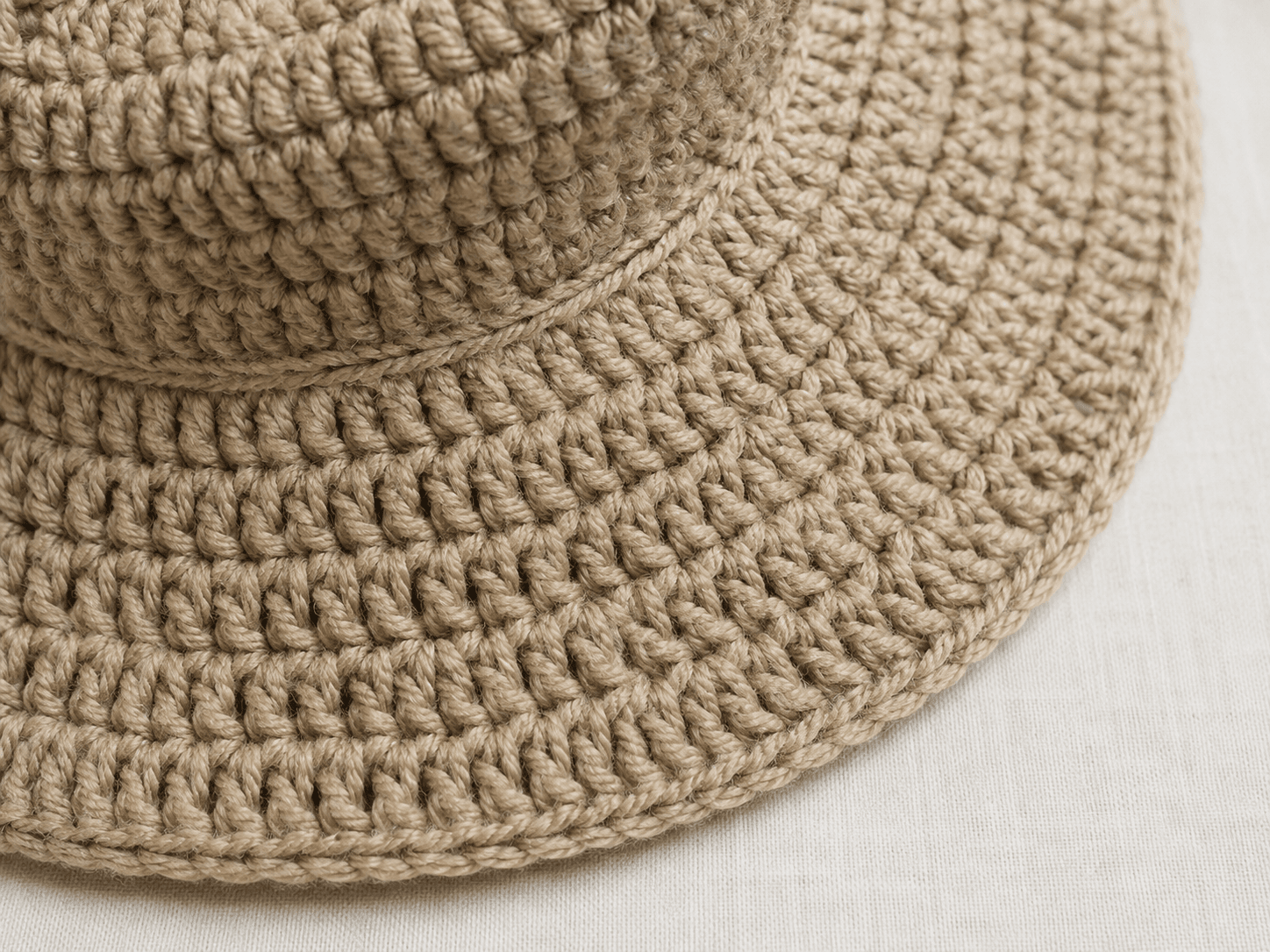 Crochet Bucket Hat (double crochet) - detail shot: Close-up of the five-round brim showing the flared double-crochet inc