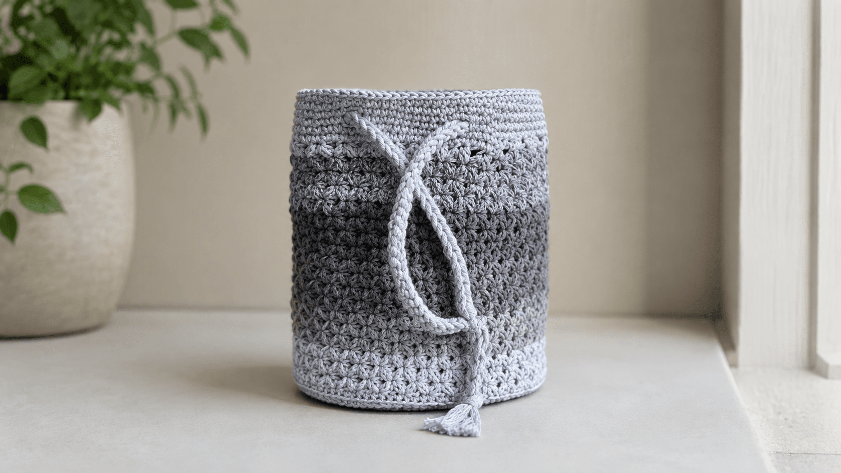 Gray star-stitch crochet drawstring bag with cord ties