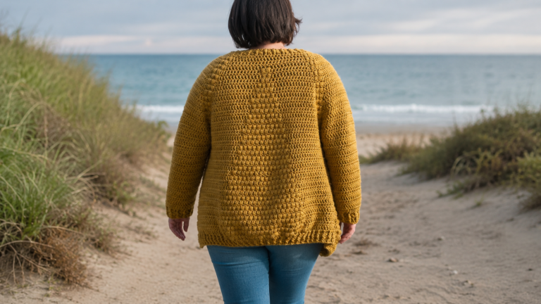 Back view of a person wearing a mustard yellow crocheted long cardigan on a beach path