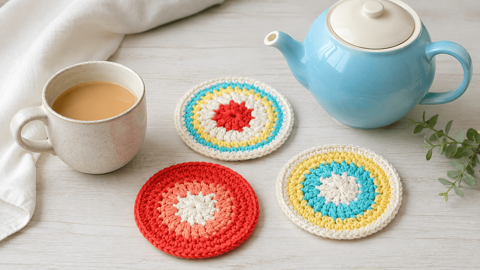 Round crochet coasters beside a tea set