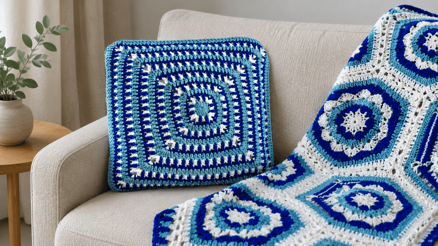Blue and white granny circle in a square pillow and blanket