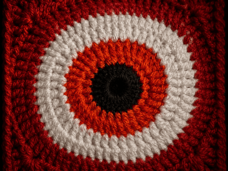 Devil Eye Granny Square - detail shot: Straight-on macro shot centered on the eye motif only