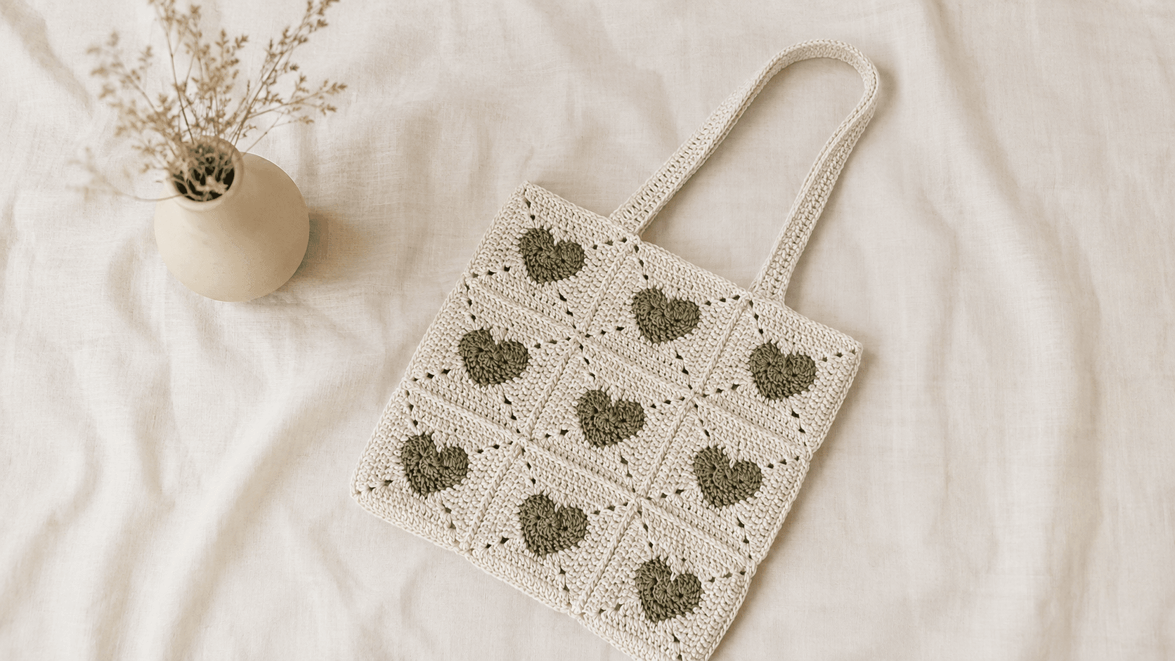 Cream and olive heart granny square tote bag flat lay